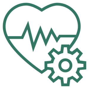 health policy management icon with heart and gear